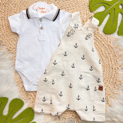  Conj. Body Gola Polo e Jardineira em Linho Âncoras - Branco e Areia